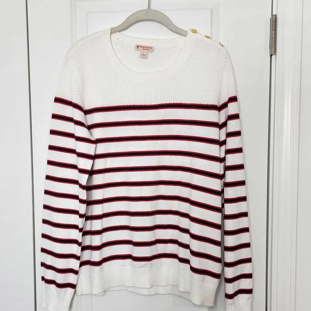 Brooks Brothers Red Fleece Nautical Striped Sweater Gold Button Detail White